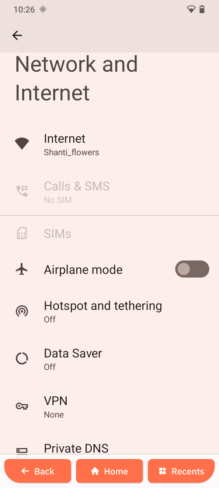 Screenshot of Network &amp; Internet settings