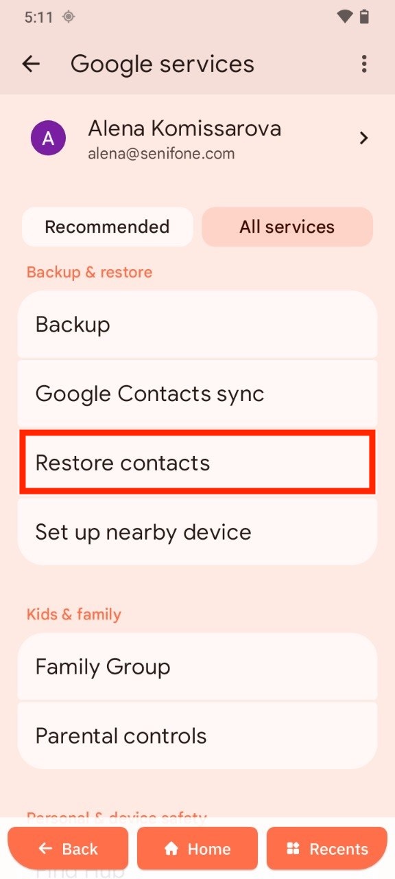 Restore contacts