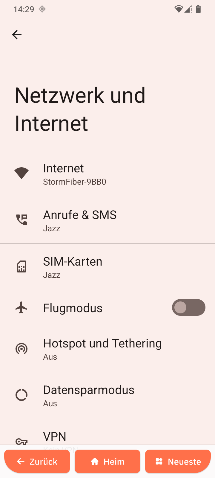 Screenshot der Einstellungen Netzwerk und Internet