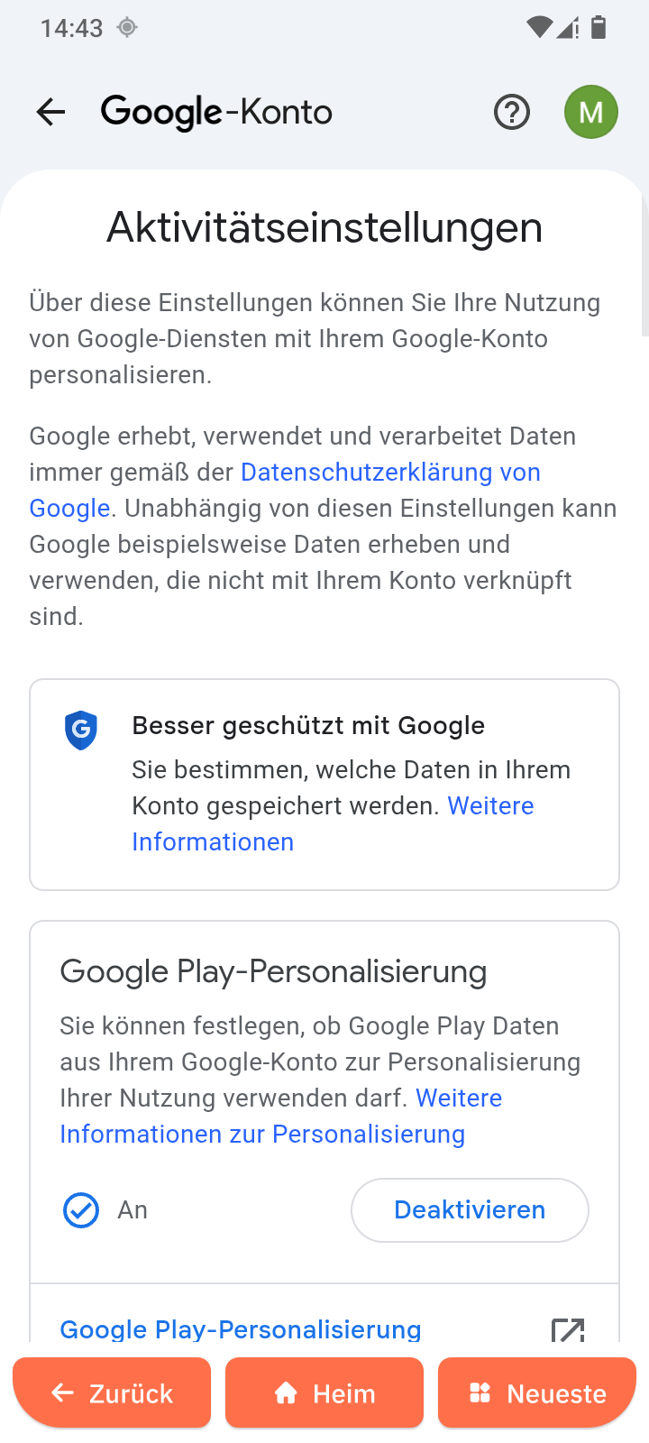 Aktivitätseinstellungen