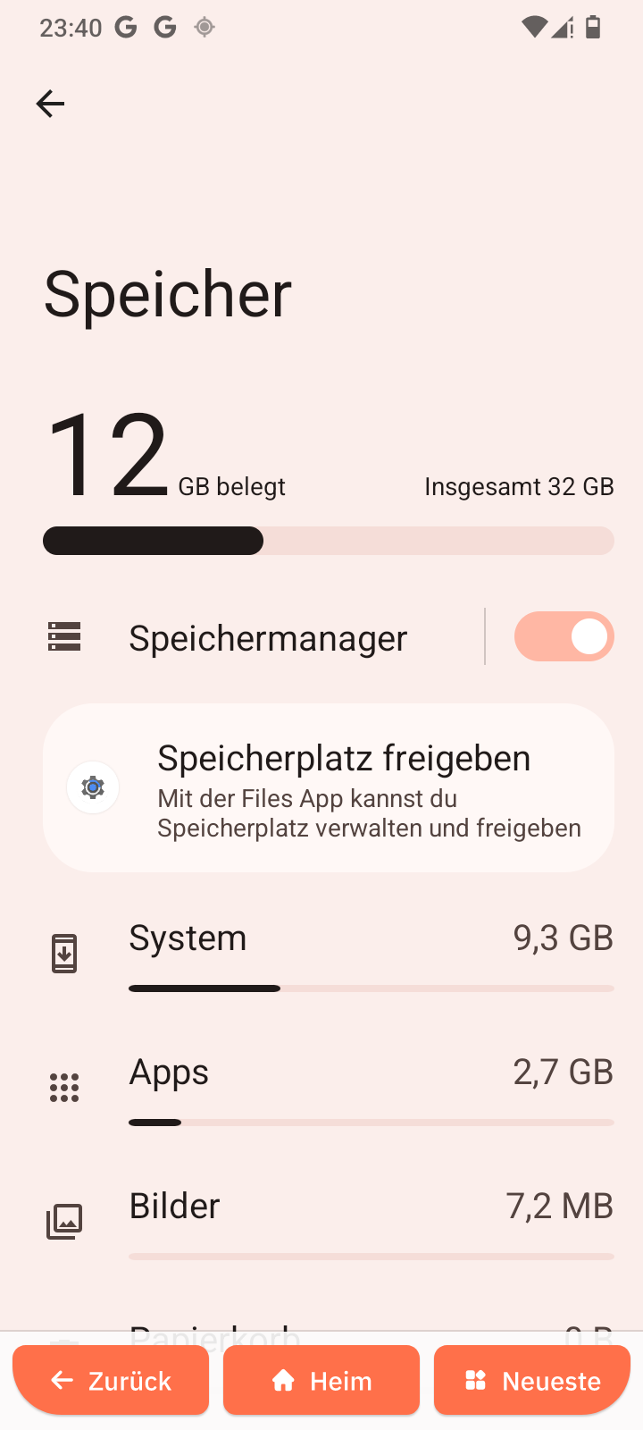 Screenshot des Speicherbildschirms