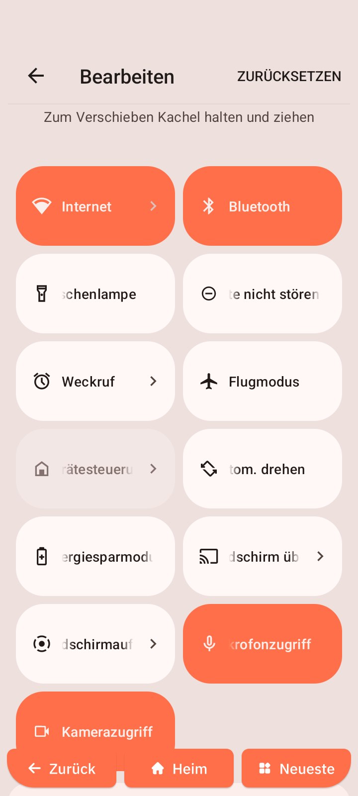 Erweitertes Menü Schnelleinstellungen