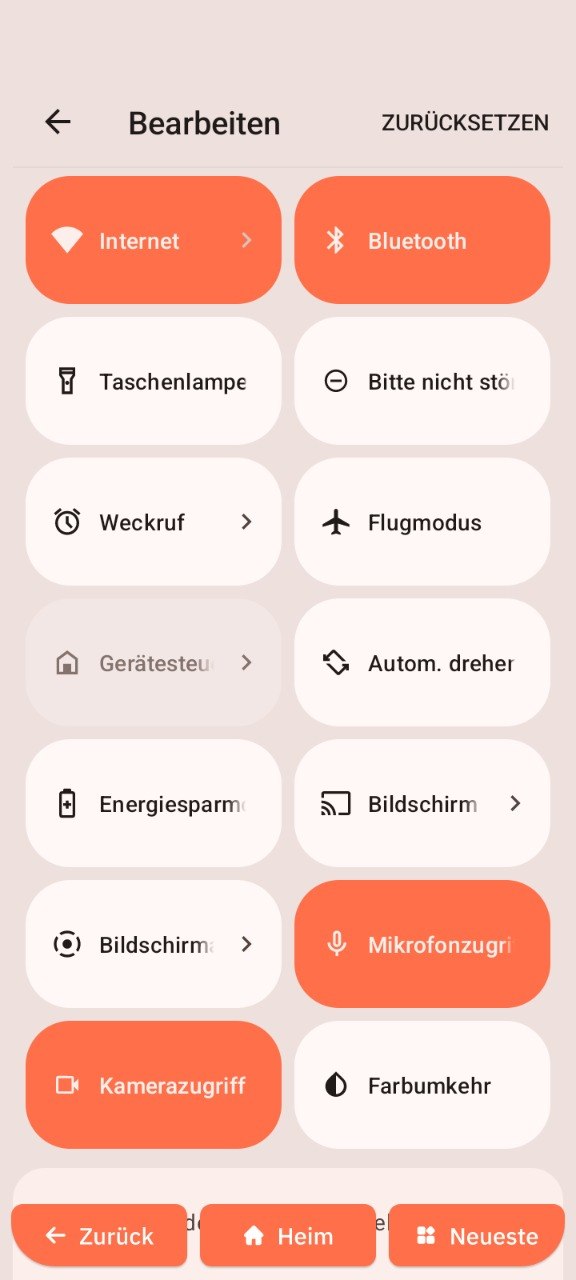 Bearbeitungsmenü für Schnelleinstellungen