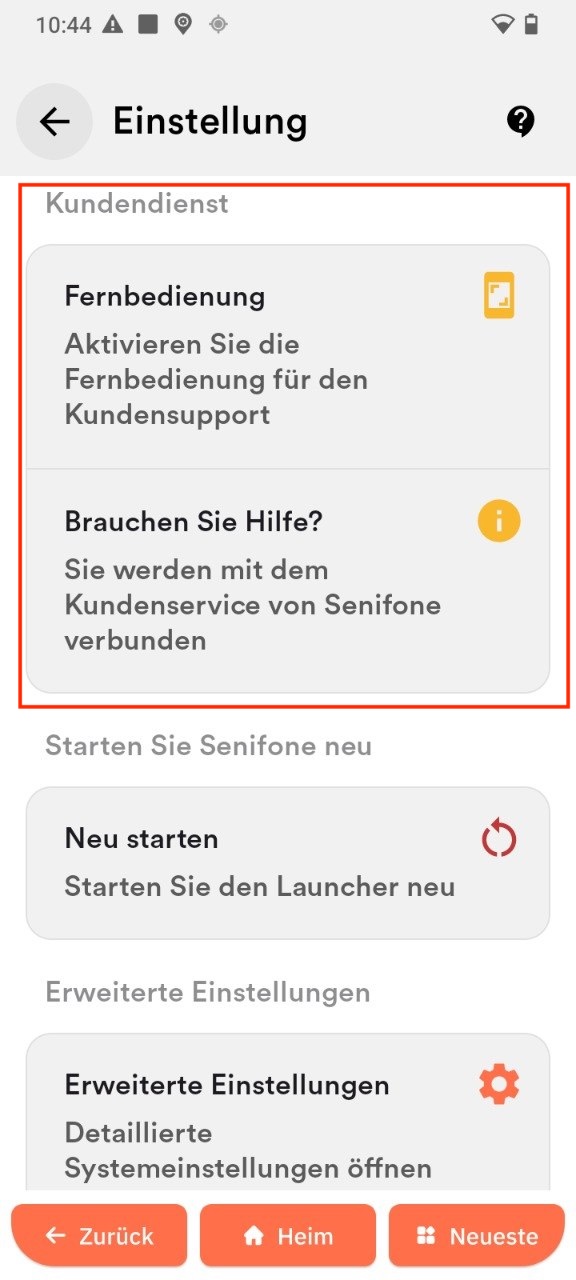 Kundendienst section in Senifone Settings