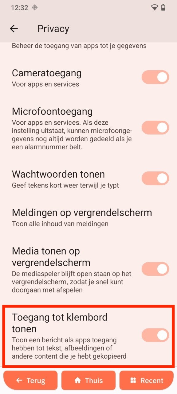 Klembordtoegang tonen
