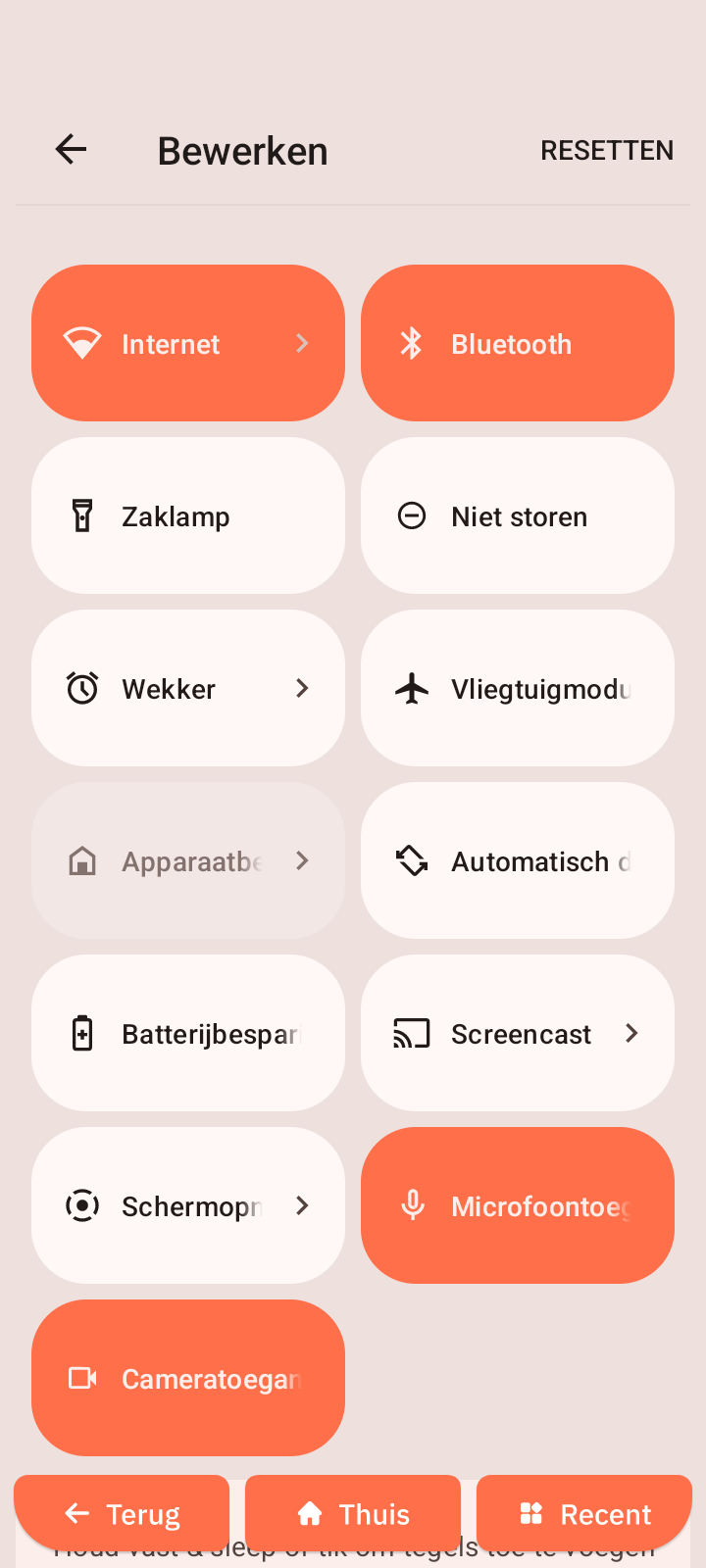 Uitgebreid menu Snelle instellingen