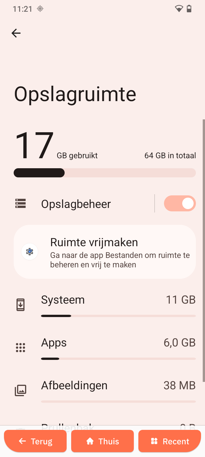 Screenshot van Opslag-scherm
